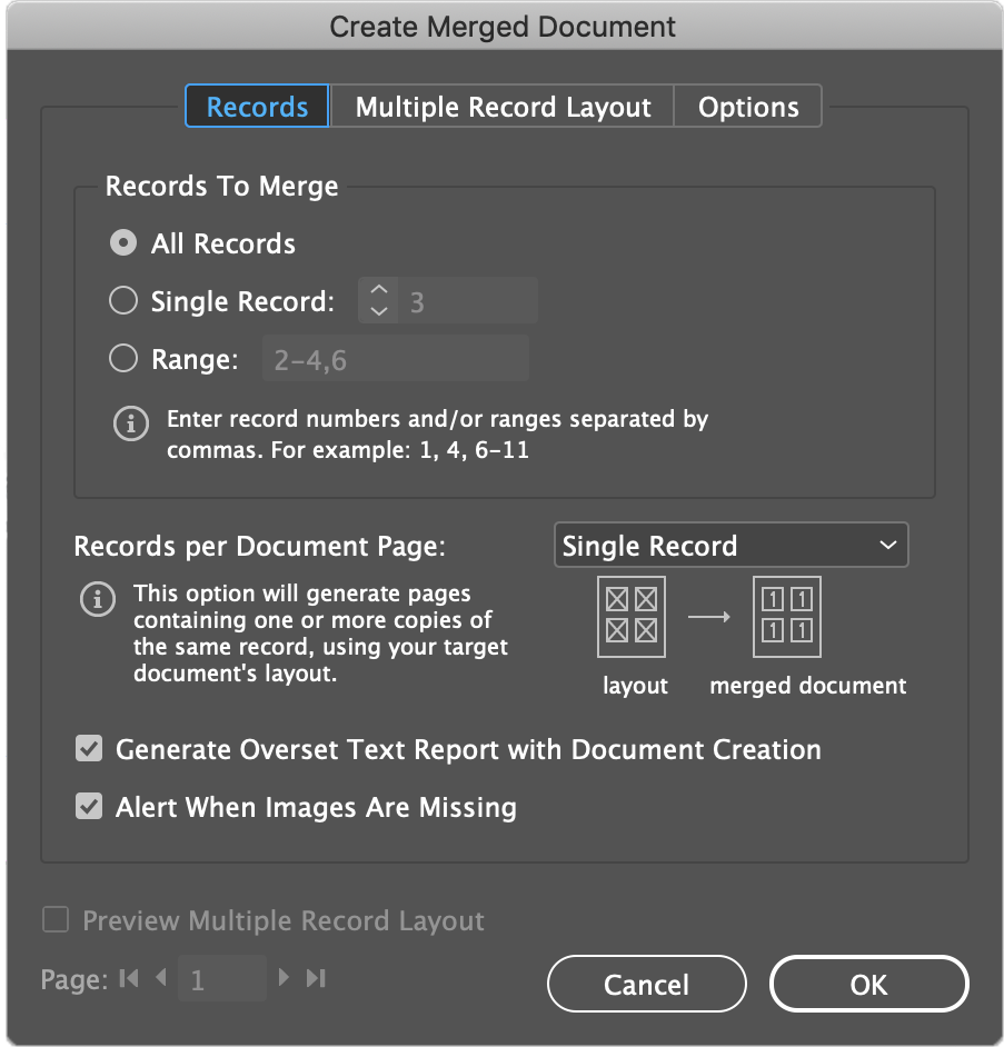 indesign merged document options